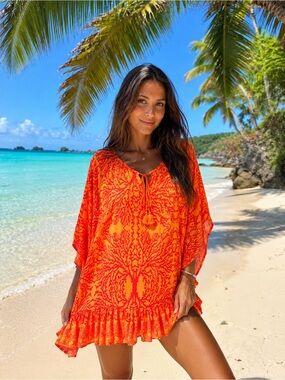 NVEOP Sun UV Protection Cover Up Tunic Top S/M Bright Orange Coral Print Beach